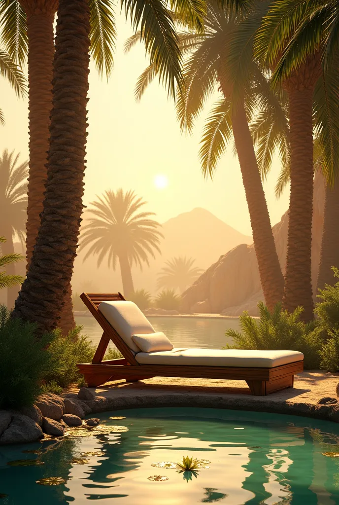 Wooden chaise longue under palm tree there in the small pond in the Sahara desert in the midday sun