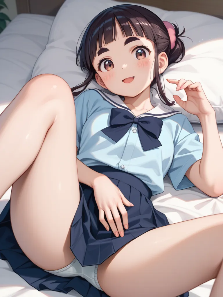 kawaii anime , petit girl , round eyebrows , round face , Single eyelid , bold pose , ochichi , breast , omochi , silky skin , komachi , Japanese beauty , erotica , lying back on the bed , knees up , close legs , hand on crotch over skirt