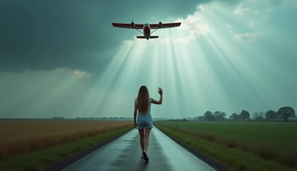 A girl of 25 years old is walking on the road leading along the field, because her car engine broke down (smoke is coming from under the hood) . A farm plane is flying over it, to whom the girl waves. It's raining in the background , storm starts