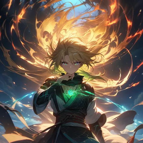 "(masterpiece, ultra detailed, high quality:1.2), anime style, kunoichi with golden hair and dark eyes, Edel in the center of a mystical scene, surrounded by five floating lights shining brightly,  each one representing an element : vibrant green light ful...