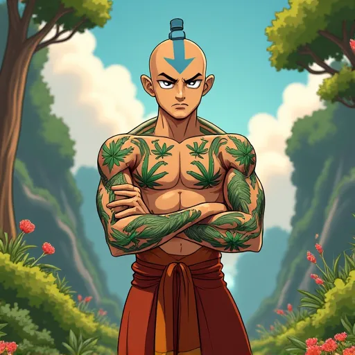 Aang avatar, 25 years old, angry , have weed tattos.  cartoon.