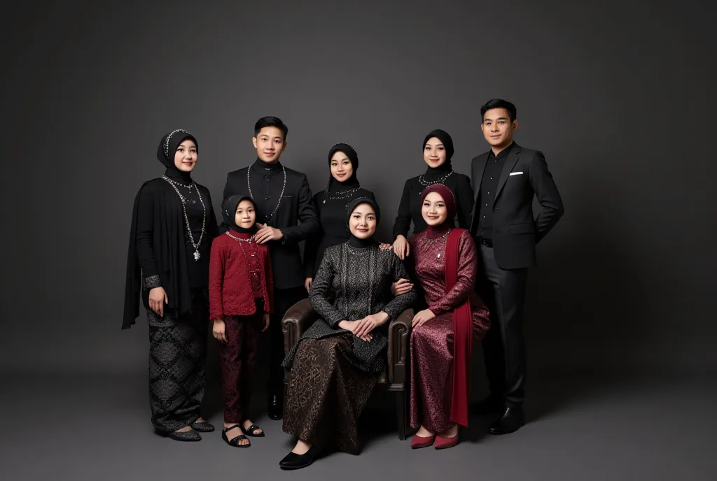 A beautifully composed studio photograph of an Indonesian family of eight members. The parents, aged 80, are sitting on a chair, mother is wearing a modern hijab inside and a luxurious black Muslim dress, while the father is dressed in a black formal suit....