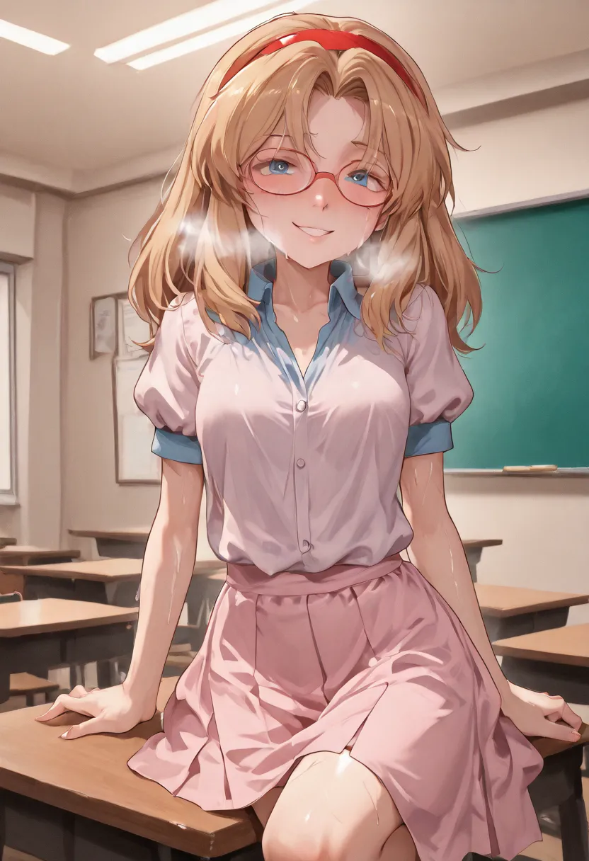 Maria Robotnik from the game Sonic with very small tits and wearing a strict sexy teacher's outfit with glasses and a neckline on the shirt showing her tits and looking slutty and blushing with a creepy smile and big eyes and sweating because of the heat a...