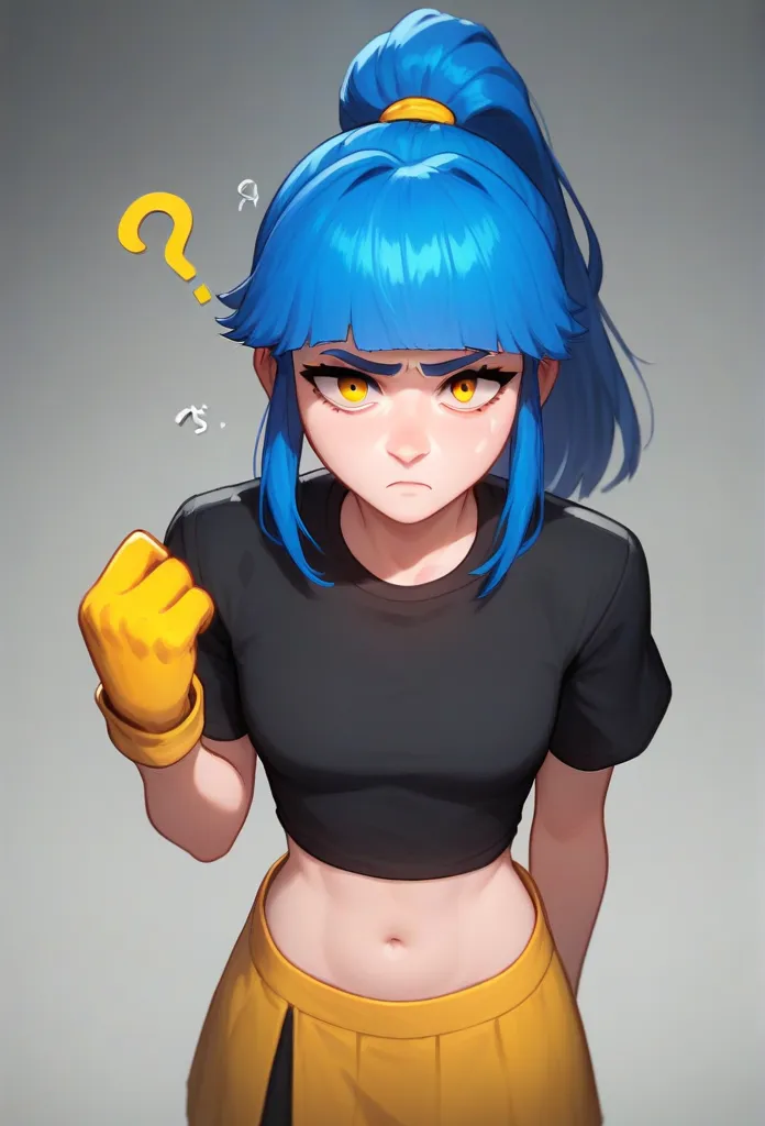 core_9, score_8_up, score_7_up, BREAK ,prjanet ,1girl, blue hair, high ponytail,black shirt, skirt ,bangs, yellow gloves, looking at viewer,  navel , fluffylewdsai  ,confused ,