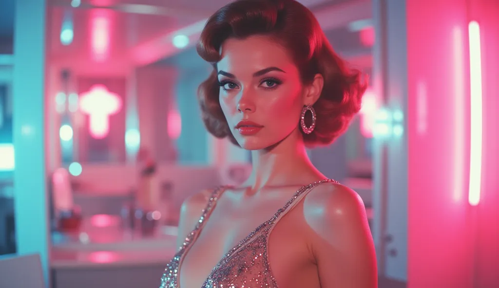 An elegant fashion icon in a nude-tone bodysuit with delicate chrome accents and glowing seams poses under soft pink and blue neon lights. The setting blends 1950s elegance with futuristic sci-fi charm."