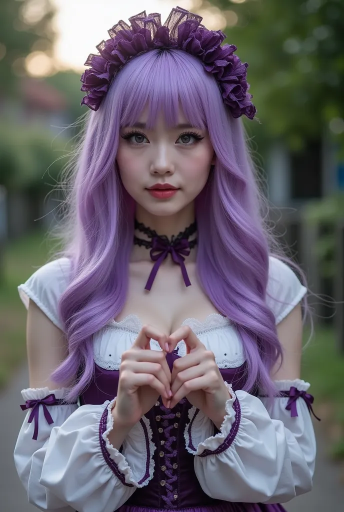   Documentary photos  , realistic, Cute pose in the shape of a heart with your hands、dramatic scene, Very beautiful white woman, Famous beautiful white models,   cute woman,long Curlyhair、(purple 　hair、   slim waist ,   thin lips, eyeliner, purple headdres...