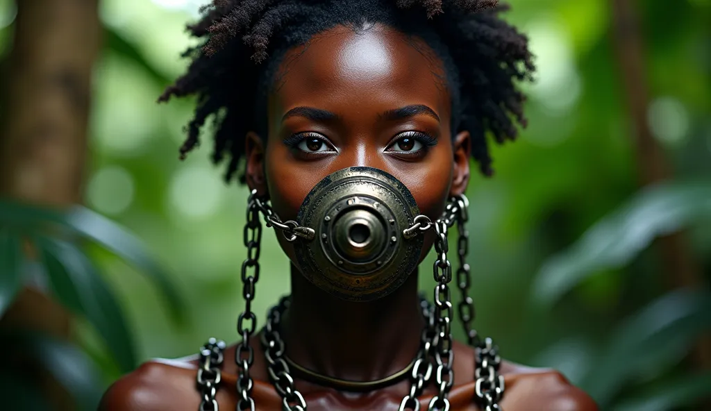 An Afro-descendant woman in the middle of a dense rainforest, using a metal device that covers his mouth and chains that wrap around his face and neck. He faces the camera with an intense expression,  reflecting pain and determination .  realistic dramatic...