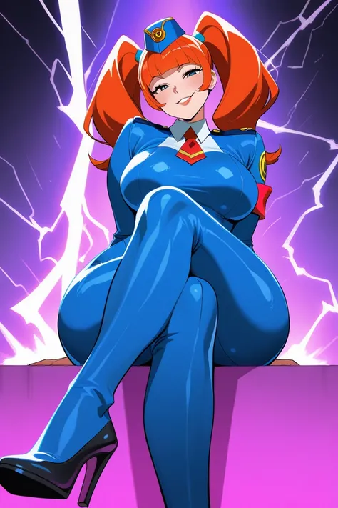 unusual angle Disney anime comic book lor bayoneta, beautiful female hero bayoneta, micro bik ini macromastia tight suit wide hips , two hefty revolvers in her hands, seductive, flirt head tilt smile, full height ,  High heel uniform, sits with legs apart ...