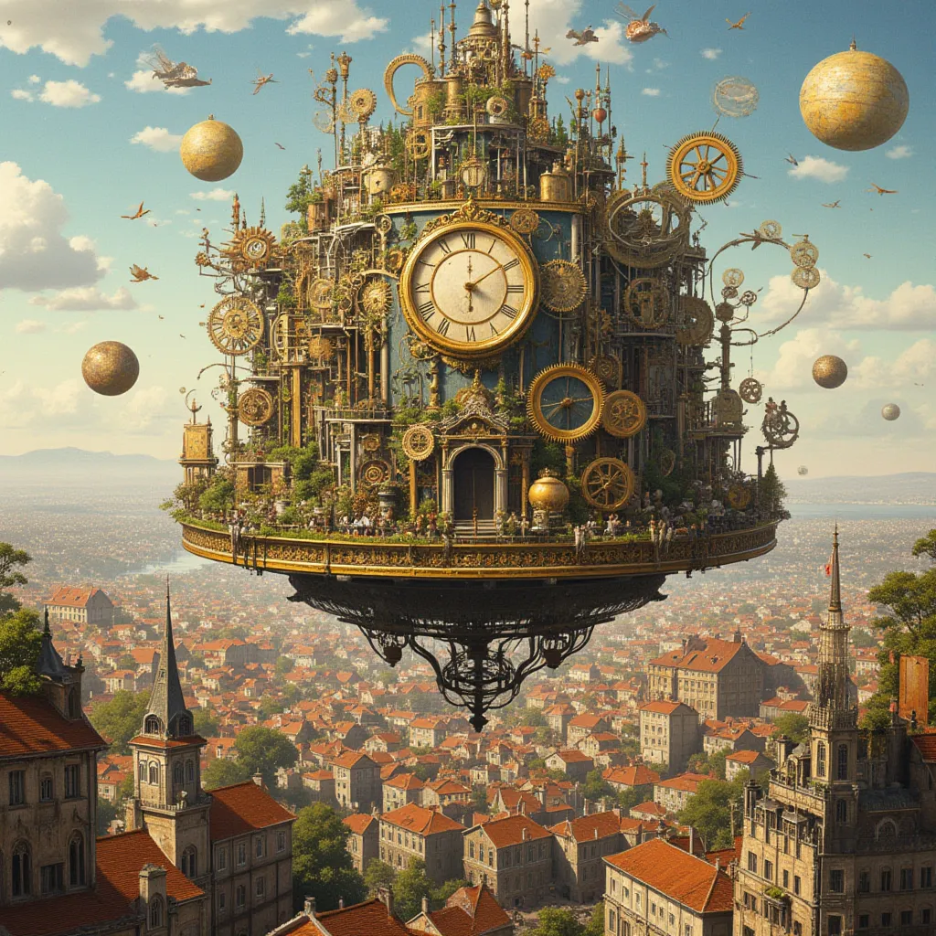 surreal, Floating City, a town full of gears, a clockwork sky garden, the sound of the second hand echoes, the building rotates slowly, the sun shakes like a pendulum, Residents are mechanical dolls, Dreamscape, Steampunk