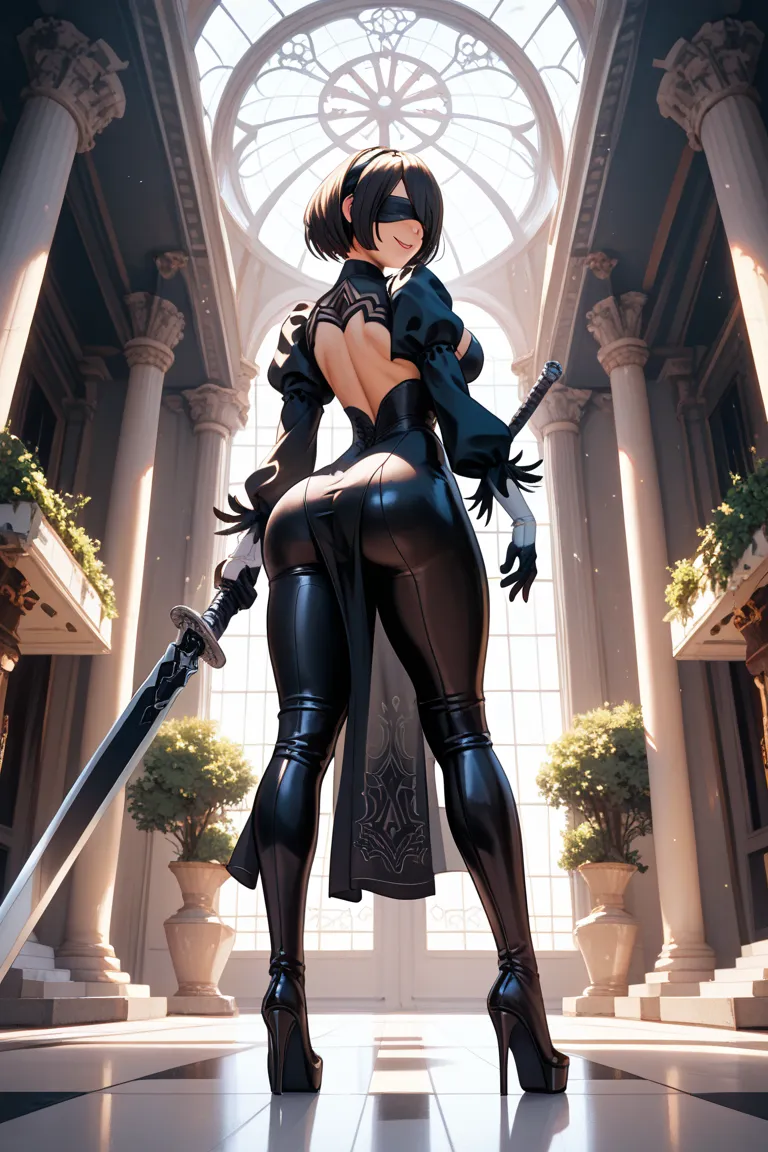 rear view from below аниме комикс дисней лор nier automata, beautiful female hero 2B, in micro bik ini macromastia wide hips nudeart , seductive gait , flirt head tilt smile, full height ,  High heel uniform, black blindfold,  huge sword behind his back, a...