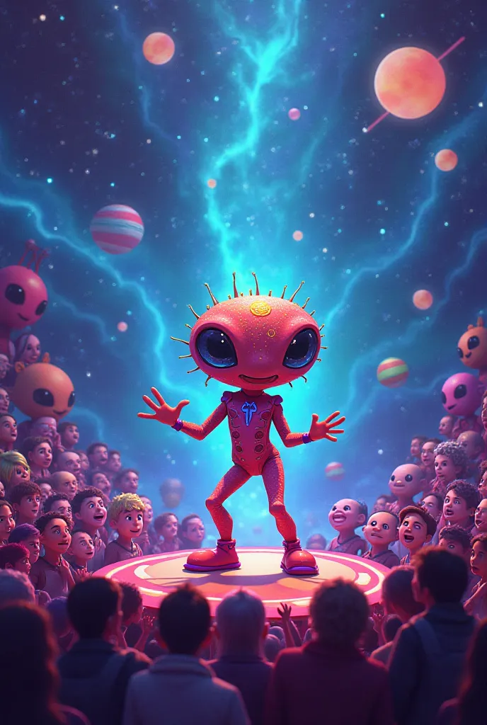 I need like a alien superstar star back ground where it is people around them in the galaxy in beautiful and everyone is just waking the stage more cartoon like man and woman 