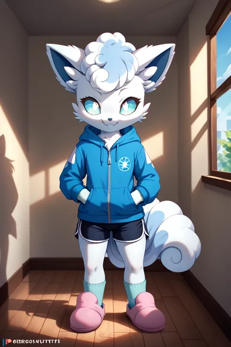 Furry, solo, anthropomorphic character, alolan vulpix, one blue glistening eye, neon eye, black eye sockets wuth no pupils, wearing white shirt, blue unzipped hoodie, black sport shorts, pink slippers, yellow long dark coridor, [a linear, closed off yellow...