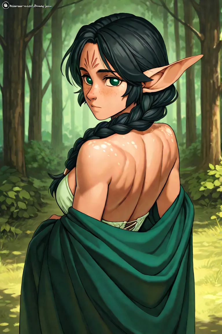 Build: Slender, athletic, and agile, with a lithe, muscular physique honed by years of living wild in the woods. She stands at 5'8" with an elegant, graceful carriage.
Hair: Raven-black hair, long and silky, often worn in a single, thick braid down her bac...