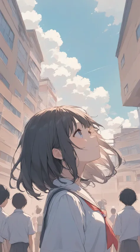 Japanese illustration of a high school girl looking up and looking at the sky with a lonely expression passing by her, many high school students isolated