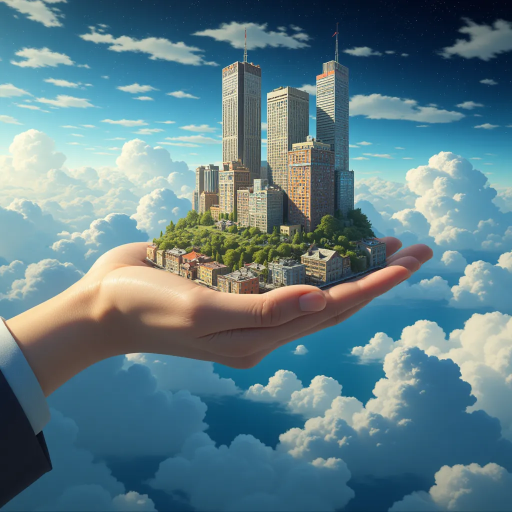 surreal, Floating City, A giant hand supports, palm floating in space, city shakes every time the hand moves, residents don't care, teleporting buildings supported by giant hands, Invisible Wall,  An impossible scene , Mysterious