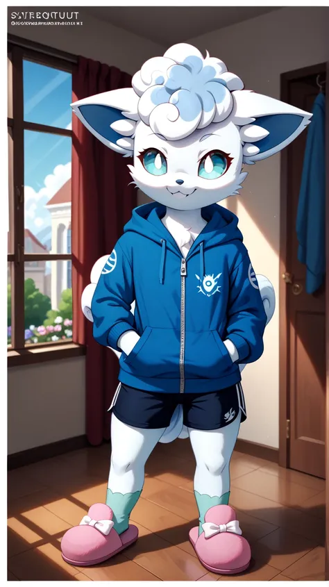 Furry, solo, anthropomorphic character, alolan vulpix, one blue glistening eye, neon eye, black eye sockets wuth no pupils, wearing white shirt, blue unzipped hoodie, black sport shorts, pink slippers, yellow long dark coridor, [a linear, closed off yellow...