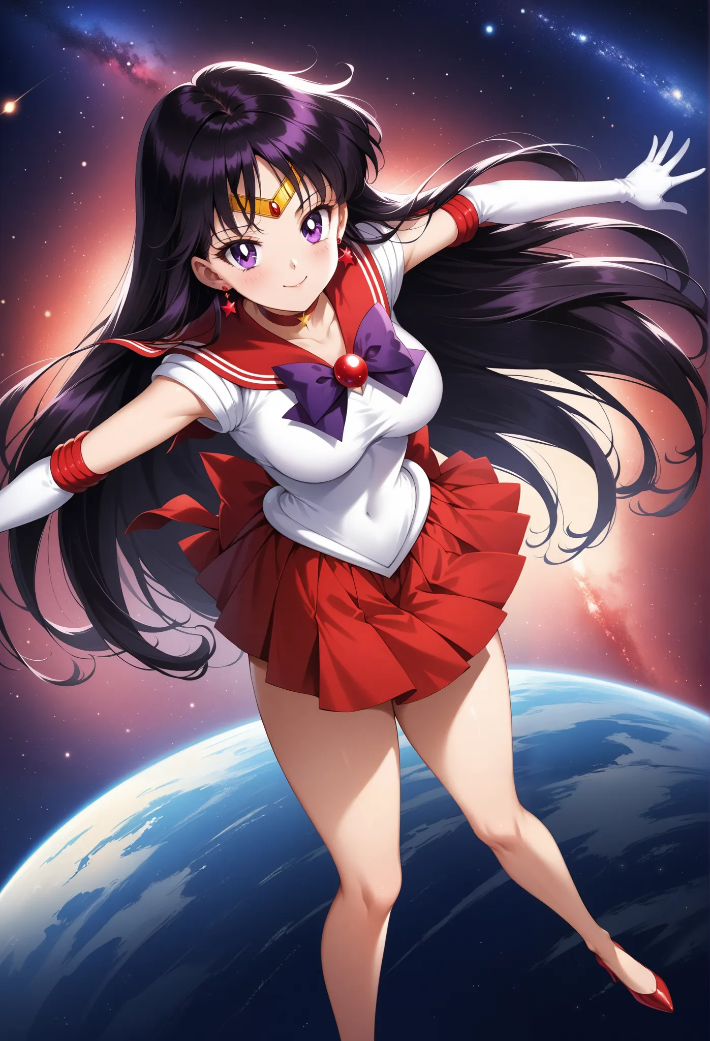 (masterpiece, best quality, very aesthetic, ultra detailed), intricate details, 4k, aamars, long hair, black hair, tiara, earrings, red choker, red sailor collar, purple bowtie, white shirt, elbow gloves, white gloves, pleated skirt, red skirt, bare legs, ...