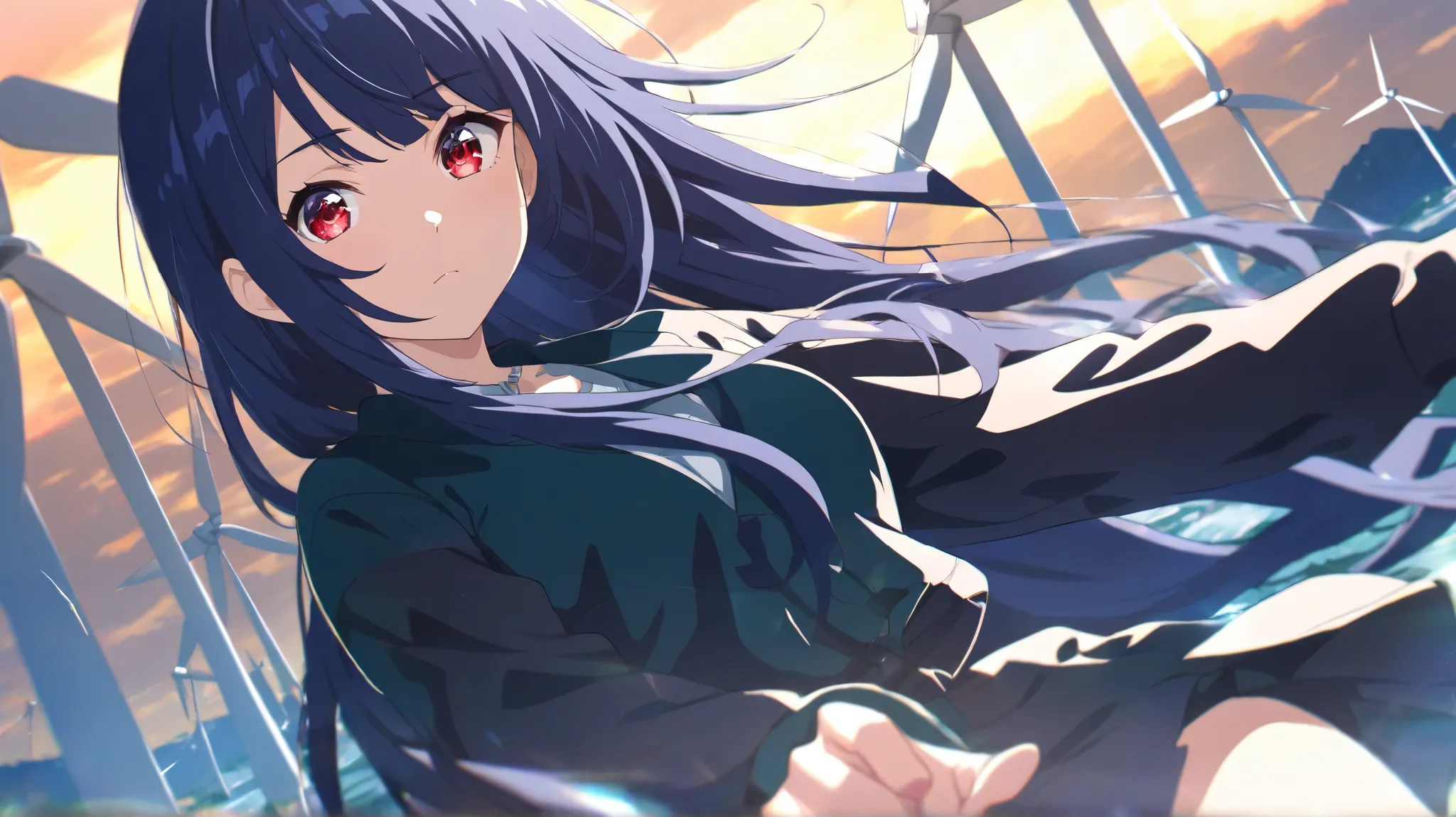 An anime girl s, with dark blue hair, red eyes, with a wind turbine