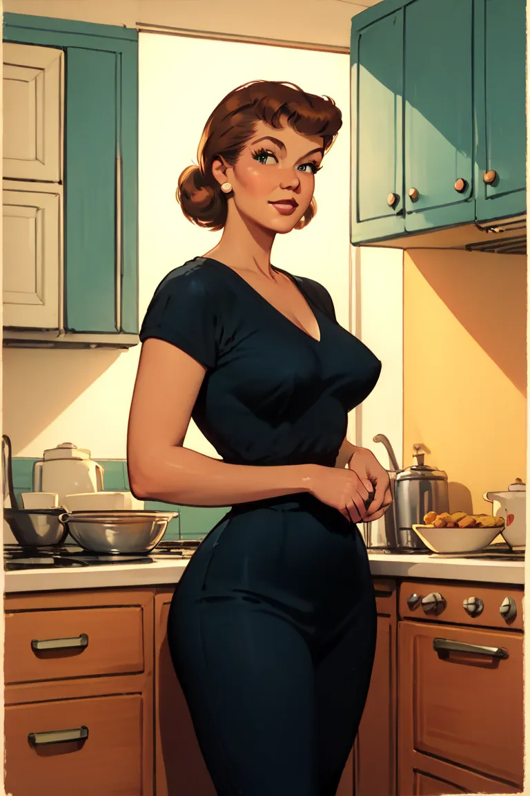 score_9, score_8_up, score_7_up, score_6_up,  decarloxl, retro colors, 60s, 1girl, solo, mature female, indoors,1960s home, kitchen, black clothes