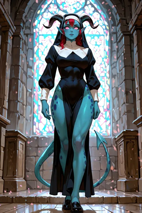 rpg, anime, tiefling, Woman in a nun's clothing, blue skin with spots, Pink eyes,athletic body design, No pupils