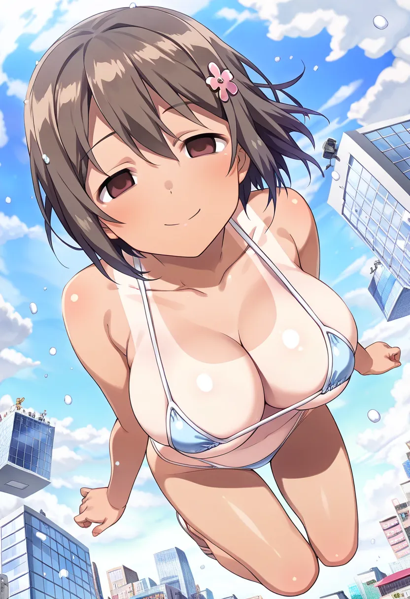 Floating City,, Heavy snowfall area and girl, (large breasts:1.3) ,   brown eyes, tan, tanlines, one-piece tan, Hair Ornament, brown hair, Hair Ornament, 11years old, empty eyes, MICRO Bikini, , solo, full body, smile