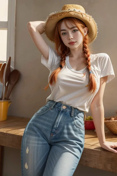 (Riley Reid), Jessie the cowgirl from toy story.  Redhead, cowgirl clothes.  Open-necked white shirt with yellow decorations, which shows off her enormous breasts.  Blue jeans with cow spots, boots.  Orange hair with braid. ((red cowboy hat)).  big breasts...