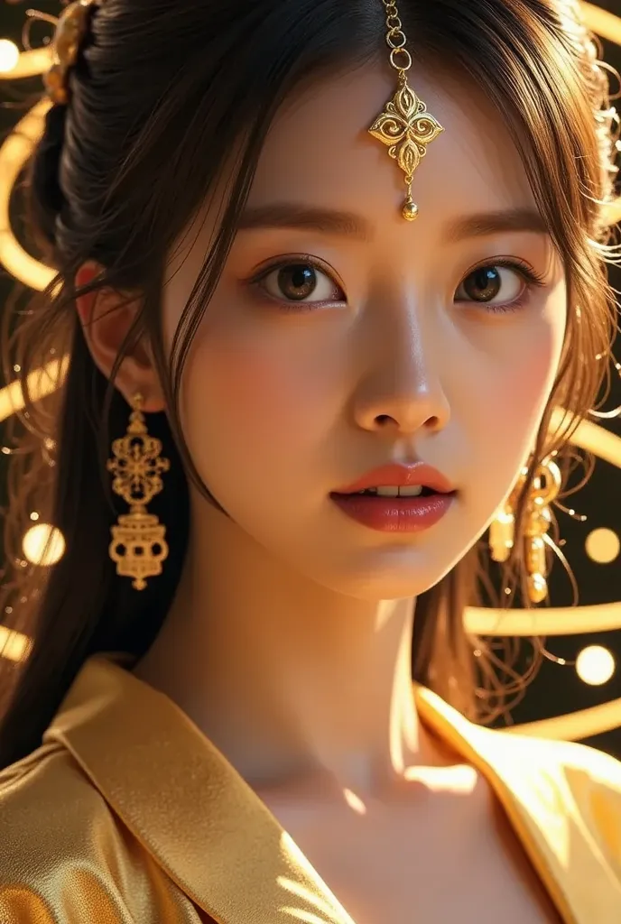 A close-up shot of Erika as Kukurihime, her face illuminated by the golden threads of fate spiraling around her. Her gaze is deep and knowing, filled with wisdom and serenity. A faint glow highlights the delicate golden patterns on her forehead, signifying...