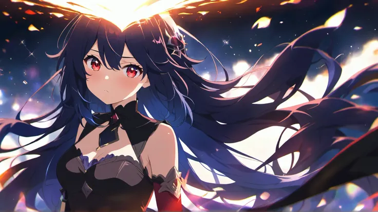 An anime girl s, with dark blue hair, red eyes, Transition from darkness to light