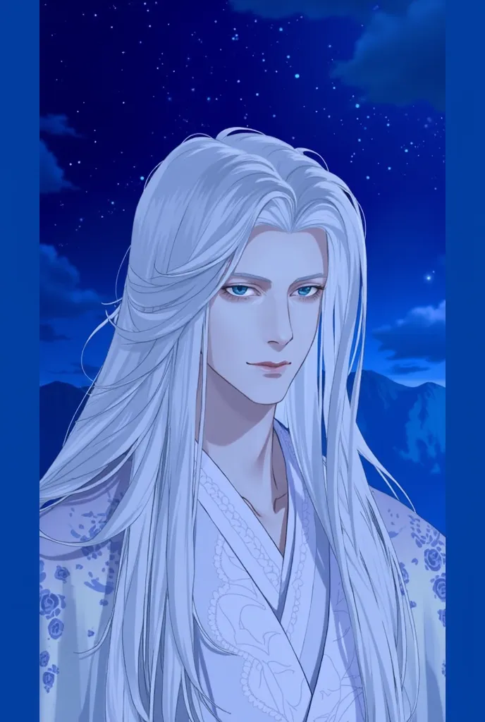 A boy anime character, white hair, long hair,  straight hair, blue eyes, beautiful, design,  Japanese anime .