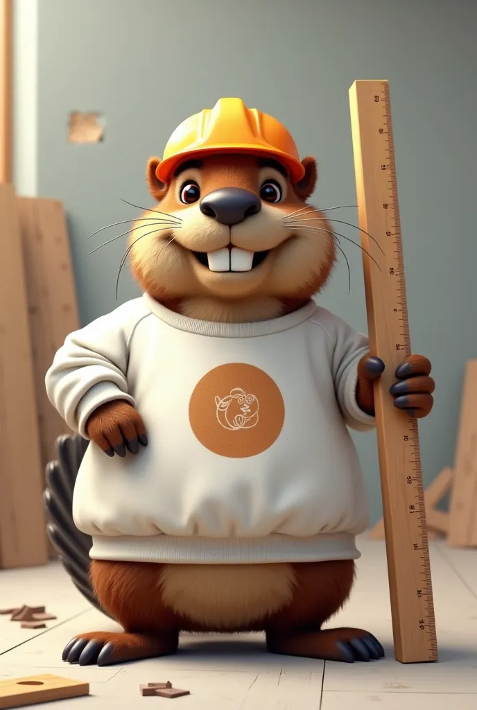 MAKE BEAVER WITH WHITE SWEATSHIRT WRITTEN ON A ROUND LOGO BY PASQUALE, ON LOW FLOORING WITH CONSTRUCTION HELMET AND CARRYING A WOODEN FLOOR RULER