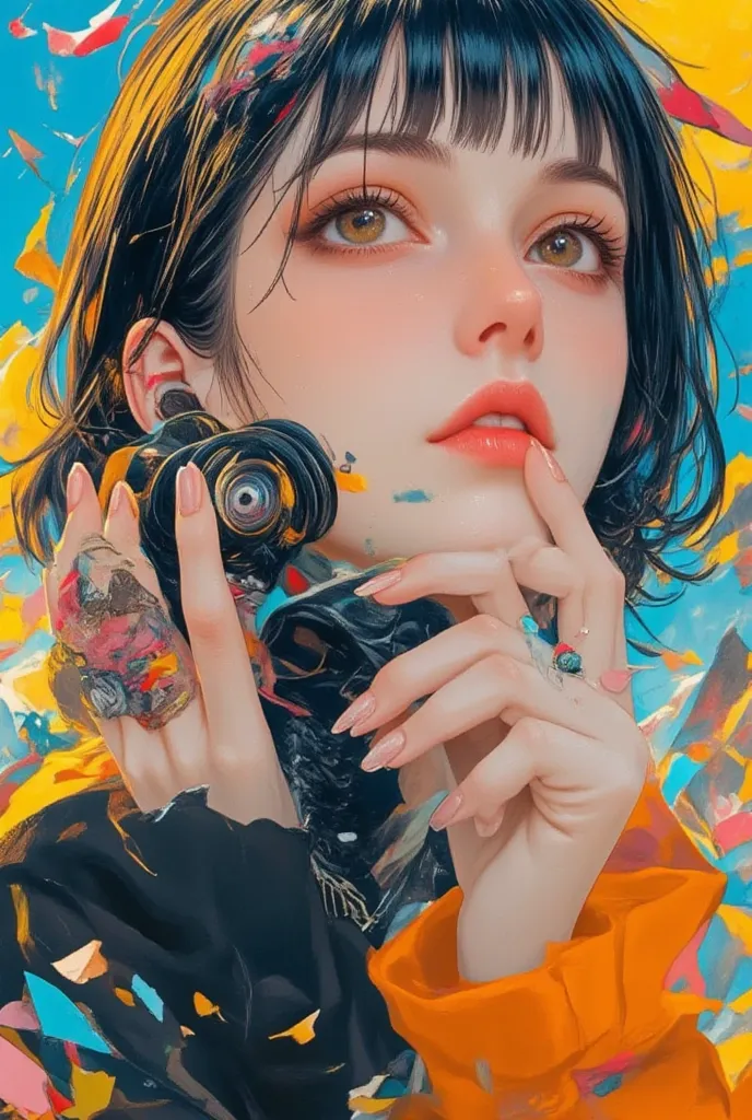  beautiful hands 、 Transparent nails,shiny nails 、 Androgynous with short hair, black hair,  eye details , nose, lips and,  simple clothes,Half of a woman's face while holding a camera  , camera( top quality ,4K,8k, high resolution,masterpiece:1.2),  ultra...