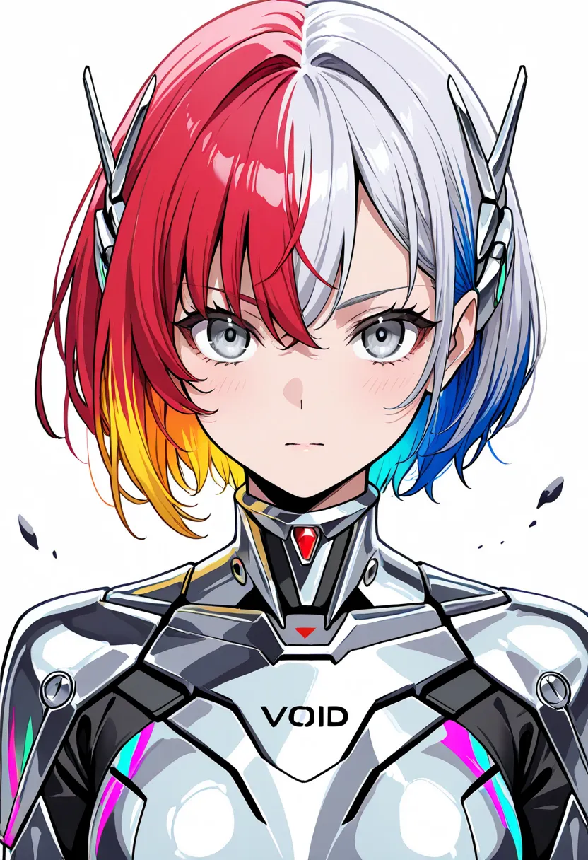 white background, Cybernetic Silver Eyes, Void, Split Dye Hair, Orchid