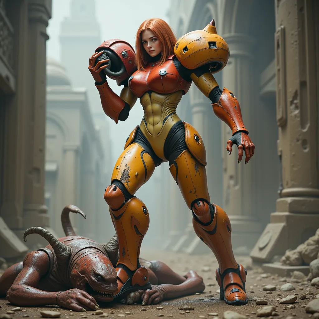 high resolution, masterpiece, photo realistic, surrealism Samus Aran video game character of Metroid, winning scene, wearing worn out, damaged, battle suit without helmet, indomitable and triumphant look, holding her helmet, stepping on the defeated monste...