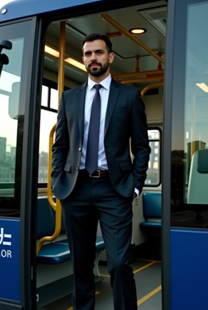 arafed man in a suit standing in the open door of a bus, dressed in a suit, in his suit, taken in the early 2020s, ready for a meeting, very very low quality picture, he is wearing a suit, suit and tie, man in black suit, wearing business suit, in a busine...