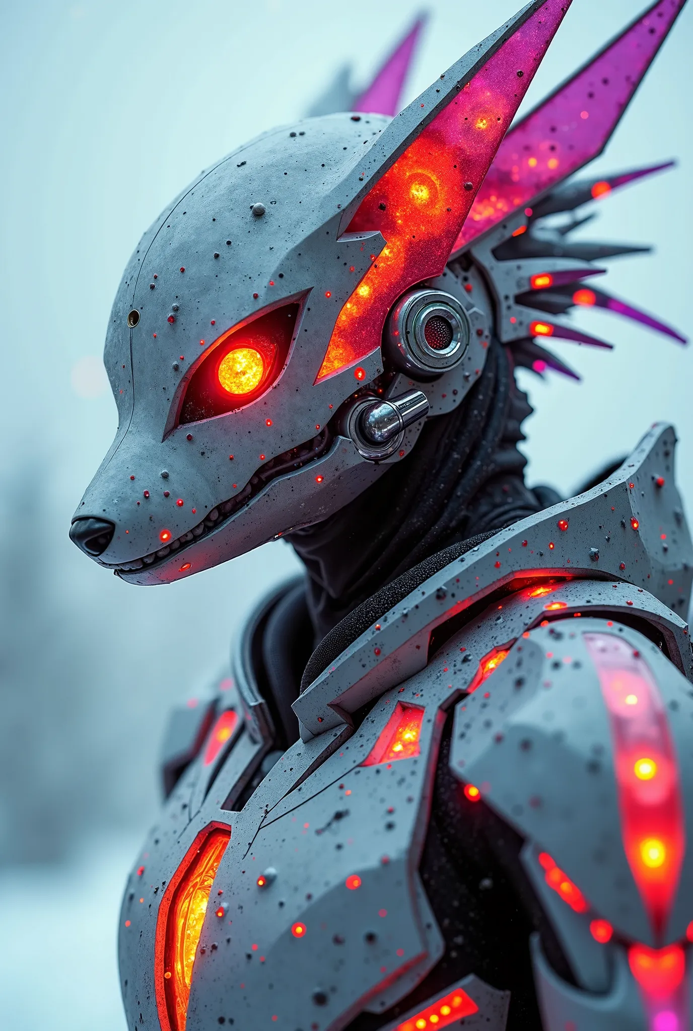 Terrifying cinematic science fiction photo of a portrait of a non human futuristic masked transparent fox armour, white, green, pink, silver, orange, yellow purple and silver neon mythical freak dressed as a freak leather sharp fingers futuristic mask myth...