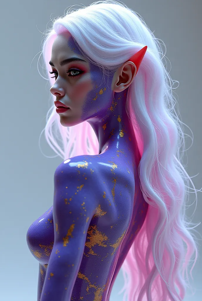 Realistic full-body image of a woman with purple and gold marble skin, a stylized body, long neon white hair,