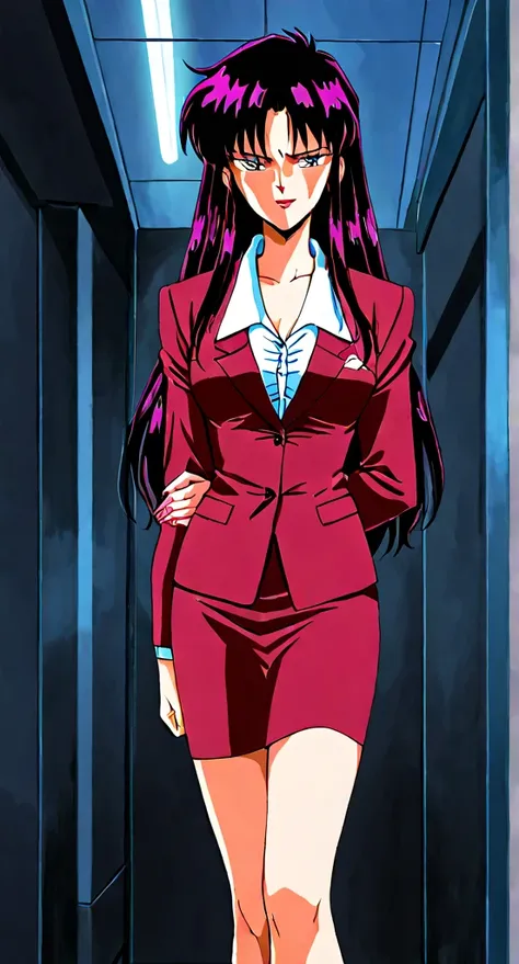 EVIL BLACK BUSINESS WOMAN WEARING A BLOUSE WITH A RED SKIRT SUIT 90s ANIME ARTSTYLE