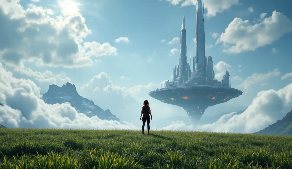 girl stand in the field back to viewer, lonely traveller, look at floating city in far background, huge modern city floating in air , aidmamj6.1, fantasy art, panoramic view, focus on floating city, aidmafluxpro1.1