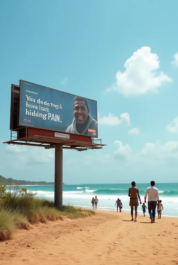 (A new realistic-billboard in Mombasa by the beach, on a sunny day.)
'You act tough because you are hiding pain.' make it detailed and the visual perfect with striking with people walking around. 