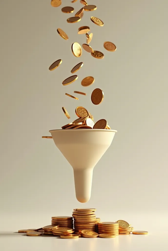 entering money from top of a funnel and leaving three coins on the bottom of the funnel, photo raw, realistic, 8K, HDR