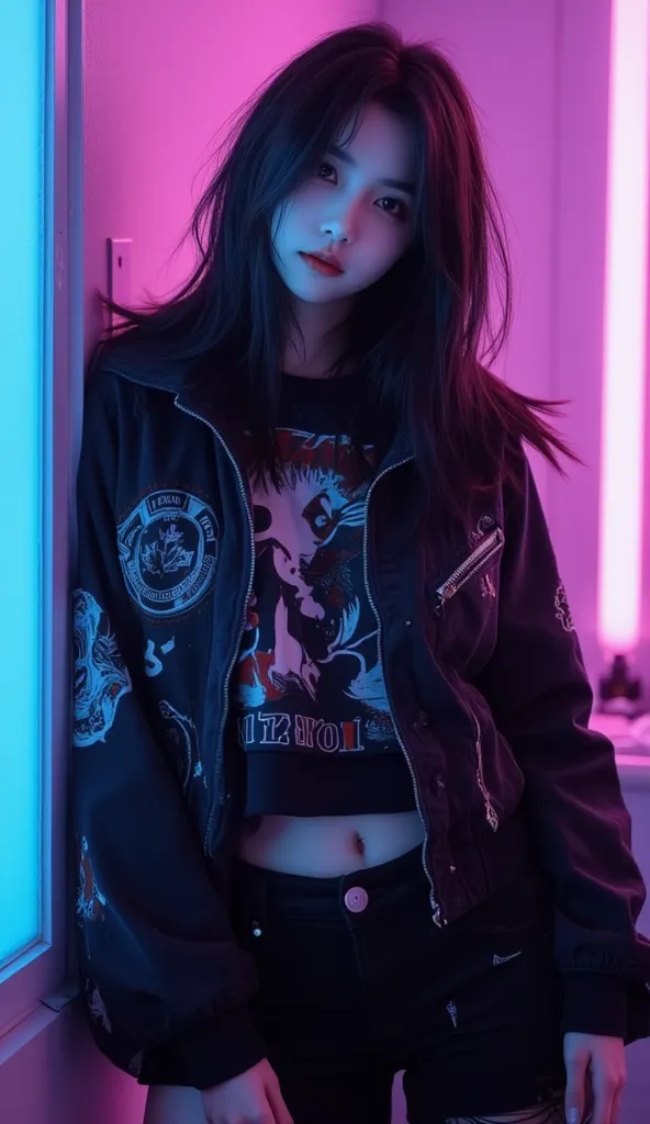 1girlfriend cool pretty, korean face, room, neon light, hairstyle long black and grey messy korean, perfect body, realistic, hd, 8k, cool outfite korean girl, perfect hand, perfect face, ultra reality quality, couple outfite, couple picture, couple shot,