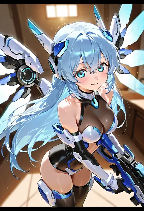 AG Nio, fringe, bare shoulders ,(((slightly light blue hair with dark undertones, ))) ,blush,breasts,neckline,photo the cowboy, white elbow gloves , black gloves,,eyebrows visible through the hair,blue-green eyes,,hair between the eyes, totally naked hair ...