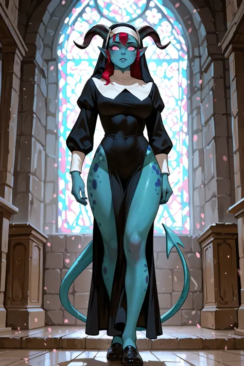 rpg, anime, tiefling, Woman in a nun's clothing, blue skin with spots, Pink eyes,athletic body design, No pupils, Wears light armor underneath her nun's outfit