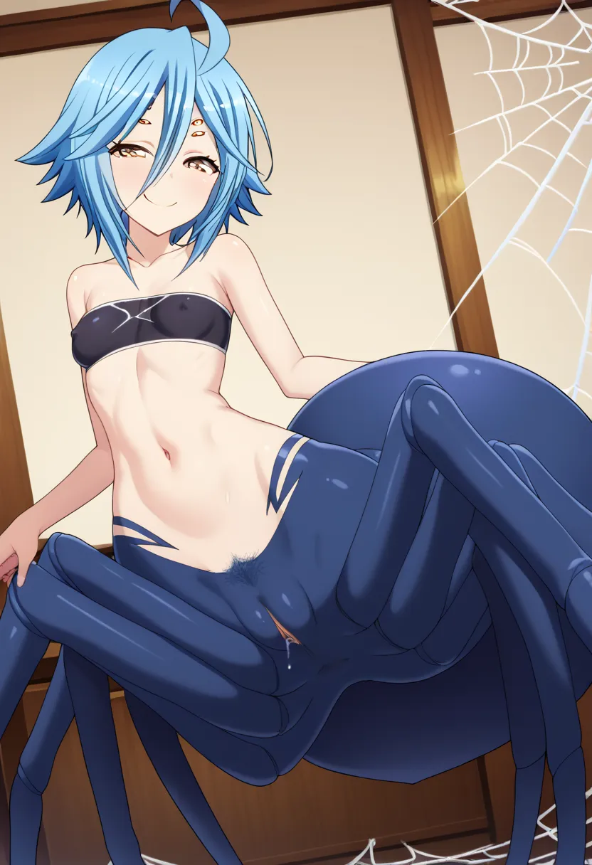 best quality, anime_font, indoors, 1girl, papi, hair between eyes, blue hair, yellow eyes, ahoge, half closed eyes, sexy posture, smile, fit hips, wide hips, bandeau bikini, covered hard nipples, pre cum,8 spider legs, hairy pussy, small breasts, arachne, ...