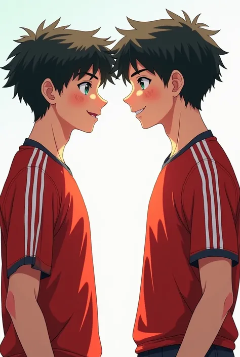 Two boys looking at each other rivalry,  One of the boys is tall , de black hair y ojos azules con un uniforme deportivo de basquetbol de color rojo de white skin rostro hermoso, the other boy has green eyes, black hair, white skin, taller than the blue-ey...