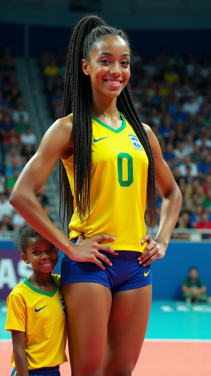 An incredibly tall volleyball player, with an athletic physique, logo wearing a Brazilian sports uniform with the number 0 on the chest. She has long braids and a confident smile, posing next to a much shorter referee, Who wears a Brazilian jersey. The bac...