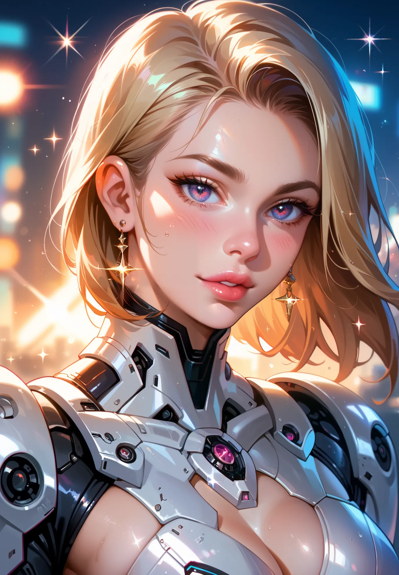 medium shot photo of sexy female cyborg wearing scratched and tarnished futuristic armor in a destroyed futuristic city, fantasy, sci-fi, beautiful feminine face, seductive, sexual, mist, vivid alluring eyes, dramatic, shallow depth of field, cinematic lig...