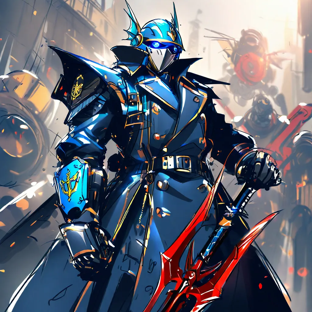 Sketch drawing,  Robotic character , Automaton made of blue metal, wearing a blue metallic trench coat, a helmet with ridges in the shape of fish fins, black visor with eyes with black sclera and red iris. It contains red trident emblems, wearing a long sw...