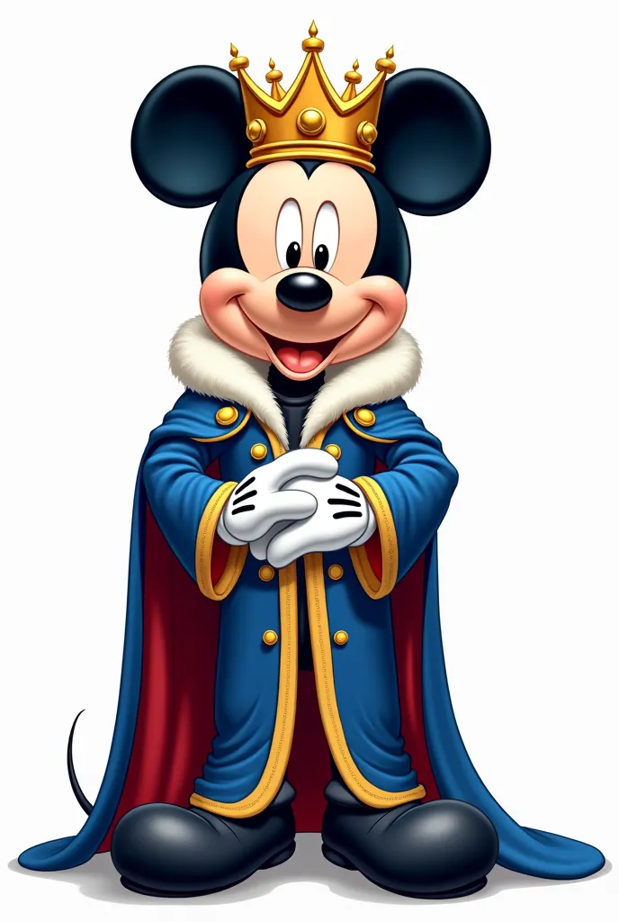 CREATE A MICKEY MOUSE KING, With crown. APPEARANCE IMAGE OF A VECTOR APPEARANCE, THE APPEARANCE MUST BE FAITHFUL TO THE ORIGINAL MICKEY, IN KING'S COSTUME IN ROYAL BLUE  . fondo blanco.