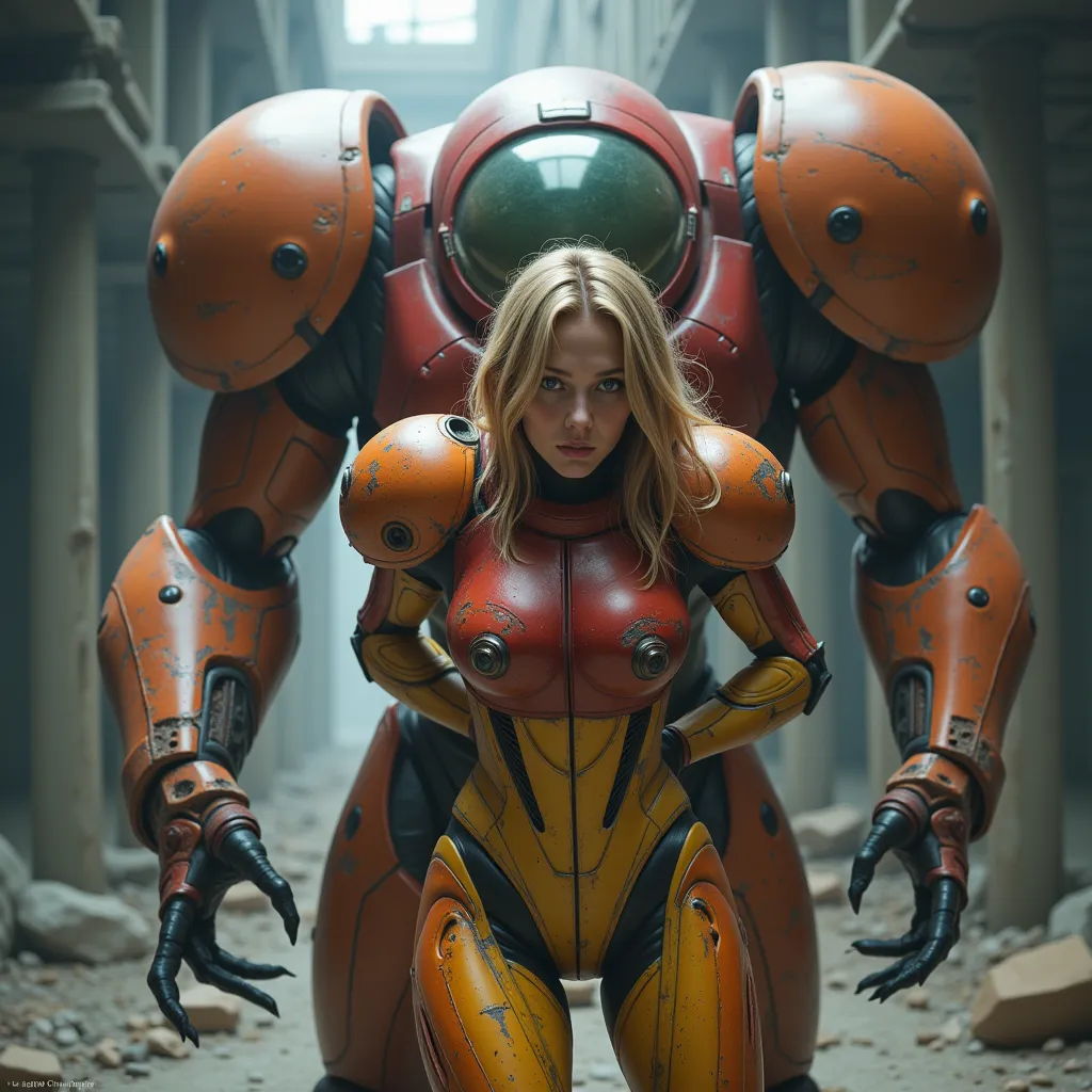 high resolution, masterpiece, photo realistic, surrealism Samus Aran video game character of Metroid, winning scene, wearing worn out, damaged, battle suit without helmet, exhausted and hopeless expression, grabbed by a huge evil monster from her back in a...